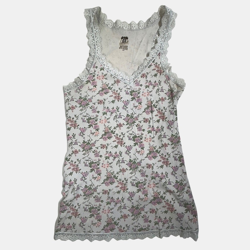 Retro Y2K Floral Lace Trim Ribbed Tank Top Gray Pink Fairycore Cottagecore Small